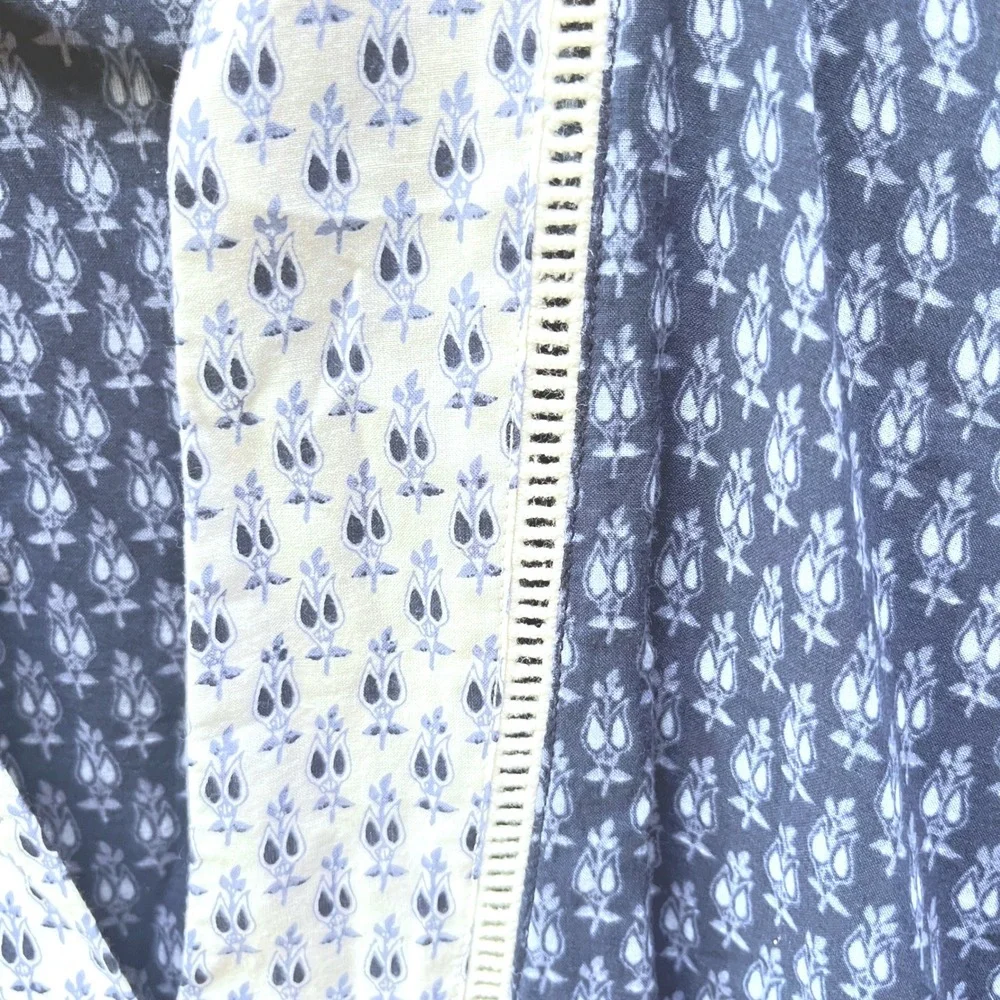 Tory Burch Navy‎ Blue White Floral Cotton Tunic Top Split V-Neck Lace Trim XS